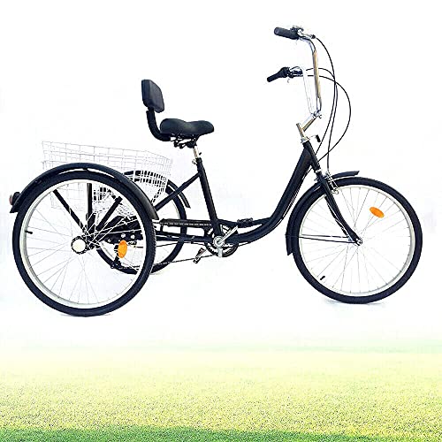 Bicicleta de 3 ruedas de 24 pulgadas, 6 velocidades, triciclo para adultos con cesta de la compra, triciclo para personas mayores, bicicleta cómoda para deportes al aire libre, compras