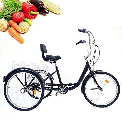 Bicicleta de 3 ruedas de 24 pulgadas, 6 velocidades, triciclo para adultos con cesta de la compra, triciclo para personas mayores, bicicleta cómoda para deportes al aire libre, compras