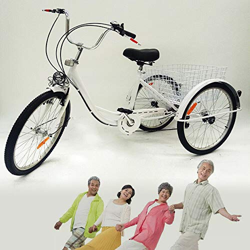 Bicicleta de ciudad, triciclo para adultos, 6 velocidades, 3 ruedas, bicicleta para personas mayores, bicicleta y cesta, 24 pulgadas, color blanco