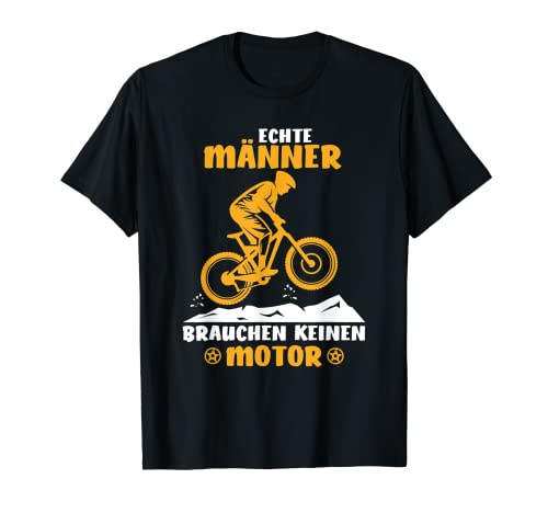 Bicicleta de montaña con motor de hombres auténticos. Camiseta