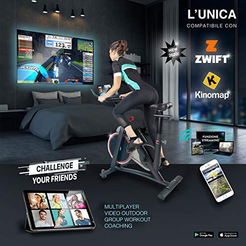 Bicicleta de spinning YM Spinn 2000, bicicleta de casa, resistencia magnética ajustable, pedaleo fluido, pantalla de ordenador LCD, Bluetooth + App Zwift y Kinomap, sillín y manillar ajustables, 2021