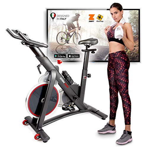 Bicicleta de spinning YM Spinn 2000, bicicleta de casa, resistencia magnética ajustable, pedaleo fluido, pantalla de ordenador LCD, Bluetooth + App Zwift y Kinomap, sillín y manillar ajustables, 2021