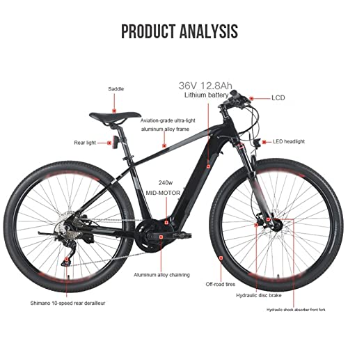 Bicicleta eléctrica para adultos 240 W 36 V Mid Motor 27.5 "Bicicleta de montaña eléctrica 12.8 Ah Li-Ion Batería eléctrica Cross Country Ebike (Color: Negro rojo)