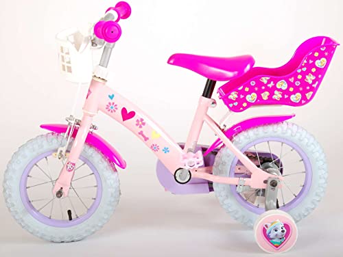 Bicicleta infantil de la Patrulla Canina, 12 pulgadas, color rosa, con freno de contrapedal, cesta, asiento para muñecas, edad 3 – 4 1/2 años