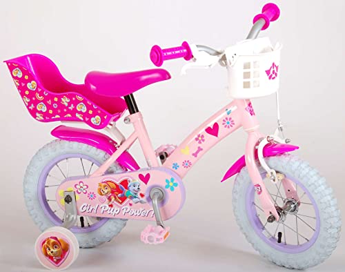 Bicicleta infantil de la Patrulla Canina, 12 pulgadas, color rosa, con freno de contrapedal, cesta, asiento para muñecas, edad 3 – 4 1/2 años