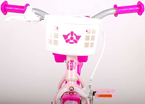 Bicicleta infantil de la Patrulla Canina, 12 pulgadas, color rosa, con freno de contrapedal, cesta, asiento para muñecas, edad 3 – 4 1/2 años