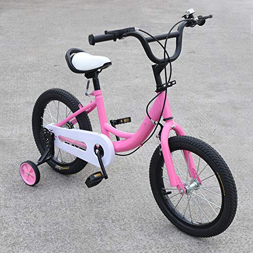 Bicicleta infantil universal de 16 pulgadas, color rosa, con rueda auxiliar, para niñas, con tecnología de doble freno y neumáticos amortiguadores, altura regulable, para principiantes