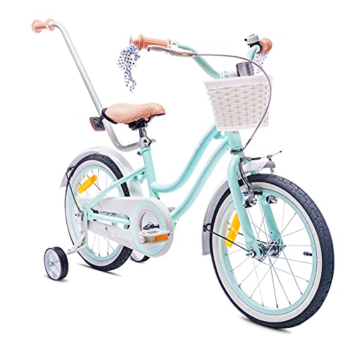 campana Bicicleta para niña de 12/14/16 pulgadas barra de empuje Heart Bike Mint, 16 pulgadas ruedas adicionales