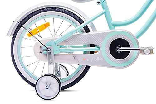 Bicicleta para niña de 12/14/16 pulgadas, campana, ruedas adicionales, barra de empuje Heart Bike (Mint, 16 pulgadas)