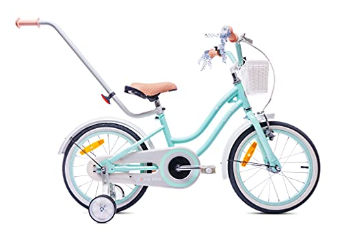 Bicicleta para niña de 12/14/16 pulgadas, campana, ruedas adicionales, barra de empuje Heart Bike (Mint, 16 pulgadas)