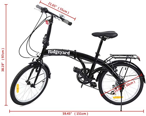 Bicicleta plegable de 20 pulgadas con 7 marchas, con luz LED de batería y soporte trasero, color negro