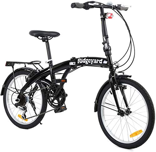 Bicicleta plegable de 20 pulgadas con 7 marchas, con luz LED de batería y soporte trasero, color negro