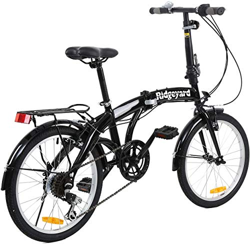 Bicicleta plegable de 20 pulgadas con 7 marchas, con luz LED de batería y soporte trasero, color negro