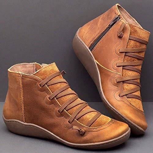 BigBigHundred Otoño e Invierno Zapatos Casuales para Mujer Cremallera Lateral Zapatos Planos Casuales Moda cálida Zapatos Planos de Cuero para Mujer - Amarillo Marrón 37