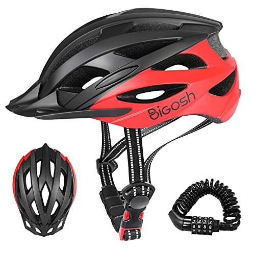 BiGosh Casco Bicicleta Adulto, Ajustable Casco Bicicleta con CE/EN 1708/CPSC Certificado Carretera Ultraligero Casco Ciclismo Montaña Casco con Visera y Candado de Bicicleta para Hombre Mujer 57-61CM