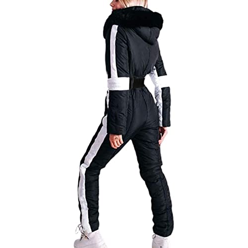 BIKETAFUWY Chaqueta de snowboard para mujer, traje de esquí de una pieza, mono de invierno con capucha de piel sintética, chaqueta de esquí compacta, chaqueta de invierno con capucha para esquí