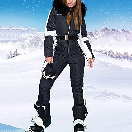 BIKETAFUWY Chaqueta de snowboard para mujer, traje de esquí de una pieza, mono de invierno con capucha de piel sintética, chaqueta de esquí compacta, chaqueta de invierno con capucha para esquí