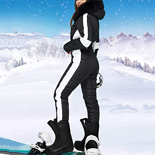 BIKETAFUWY Chaqueta de snowboard para mujer, traje de esquí de una pieza, mono de invierno con capucha de piel sintética, chaqueta de esquí compacta, chaqueta de invierno con capucha para esquí