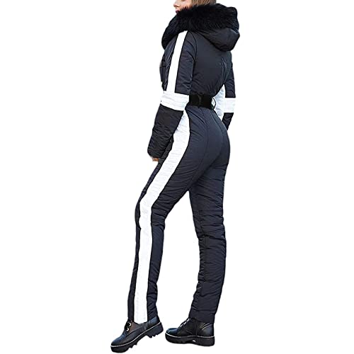 BIKETAFUWY Chaqueta de snowboard para mujer, traje de esquí de una pieza, mono de invierno con capucha de piel sintética, chaqueta de esquí compacta, chaqueta de invierno con capucha para esquí