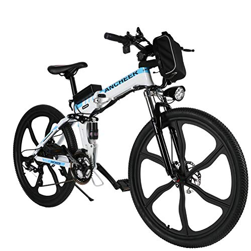 BIKFUN Bicicleta Eléctrica Plegable, 26" E-Bike para Adulto, Batería de Litio Extraíble(36V, 8Ah), 250W Motor de Alta Velocidad, Shimano 21 Velocidades (26" montaña Blanco)