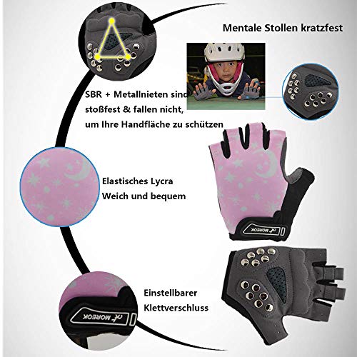 BIKINGMOREOK Guantes de bicicleta para niños de 3 a 10 años, para niños pequeños, para andar en bicicleta, con remaches metálicos, almohadillas para niños, BMX, equitación, patinaje, color rosa, S