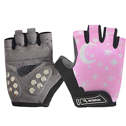 BIKINGMOREOK Guantes de bicicleta para niños de 3 a 10 años, para niños pequeños, para andar en bicicleta, con remaches metálicos, almohadillas para niños, BMX, equitación, patinaje, color rosa, S