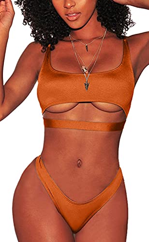 Bikinis Brasileños para Mujer Sexy Conjuntos de Bikini con Tiras Recortadas Tanga de Corte Alto con Escote Redondo Bajo