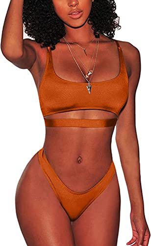 Bikinis Brasileños para Mujer Sexy Conjuntos de Bikini con Tiras Recortadas Tanga de Corte Alto con Escote Redondo Bajo