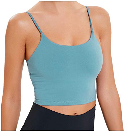 Binggong Camiseta corta para mujer con acolchado en el pecho, cuello en U, chaleco corto estrecho, minisujetador cómodo, sujetador elástico deportivo para yoga y entrenamiento de fitness, azul, L