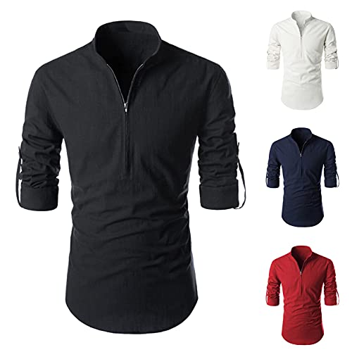 Binggong Camiseta de manga larga para hombre, cuello en V, de un solo color, con cremallera, informal, para fitness, manga larga, deportiva, de manga larga, corte ajustado, ropa deportiva