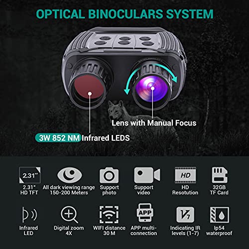 Binoculares Visión Nocturna, Prismáticos gafas Infrarrojos Digital Visión Nocturna con 2,31" LCD TFT para la Caza, Cámara fotográfica HD de 1280x960p Grabadora de video con Tarjeta de Memoria de 32G