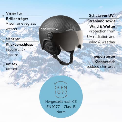 BLACK CREVICE Casco de esquí Gstaad I Casco de esquí con Visera I para Hombres y Mujeres I Casco de ski de policarbonato I Casco Transpirable I Talla Ajustable (Negro Carbon, M/L)