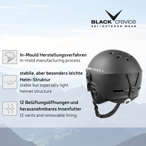 BLACK CREVICE Casco de esquí Gstaad I Casco de esquí con Visera I para Hombres y Mujeres I Casco de ski de policarbonato I Casco Transpirable I Talla Ajustable (Negro Carbon, M/L)