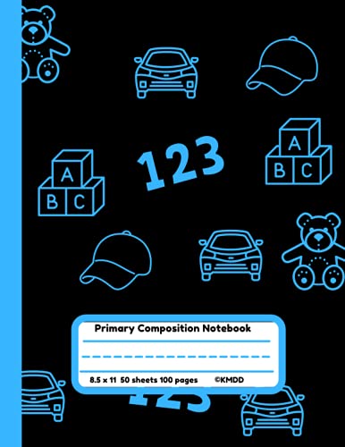 Black Primary Composition Notebook with Blue ABC's &123's Design | Dotted lines | Dashes| solid lines | Drawing space| Pre-K to K-2 | 50 pages equals 100 sheets