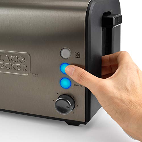 Black+Decker BXTO1500E Tostadora de Pan con Dos Ranuras largas y Extra Anchas, 7 Niveles de Tostado, Sistema Auto-centrado, Funciones: Stop, Recalentar y Descongelar, 1500 W, Acero Inoxidable, INOX