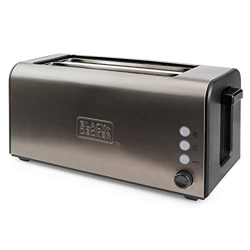 Black+Decker BXTO1500E Tostadora de Pan con Dos Ranuras largas y Extra Anchas, 7 Niveles de Tostado, Sistema Auto-centrado, Funciones: Stop, Recalentar y Descongelar, 1500 W, Acero Inoxidable, INOX