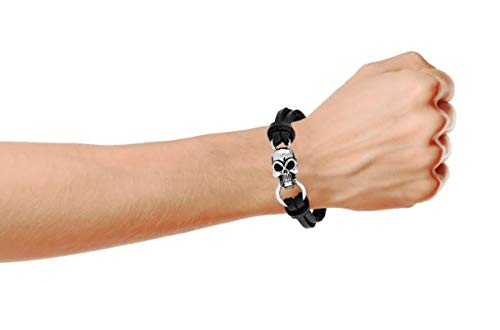 Bling Jewelry Calaveras Huesos Cruzados Cuero Negro Auténtico Multi Filamento Enrollado Pulsera Puño Acero Hombre Y Mujer Ciclistas