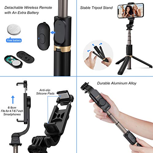 Blukar Palo Selfie Trípode, 4 en 1 Selfie Stick Móvil Bluetooth Extensible con Control Remoto, Trípode Portátil de Aluminio Rotación de 360° para Teléfonos, Gopro, Cámara etc.