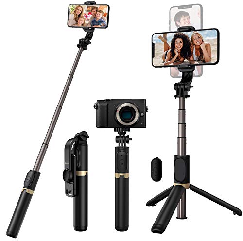 Blukar Palo Selfie Trípode, 4 en 1 Selfie Stick Móvil Bluetooth Extensible con Control Remoto, Trípode Portátil de Aluminio Rotación de 360° para Teléfonos, Gopro, Cámara etc.