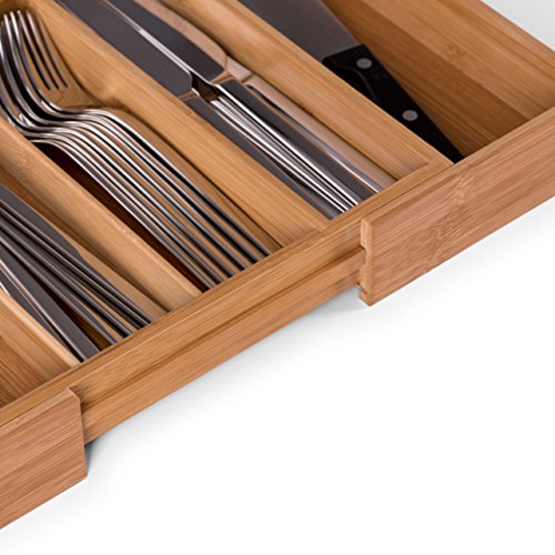 Blumtal Organizador de Cubiertos y cajones de Cocina de Bambú con Compartimentos Ajustables 7 a 9 compartimientos 33,7- 50 x 44,5 x 5 cm (Grande)