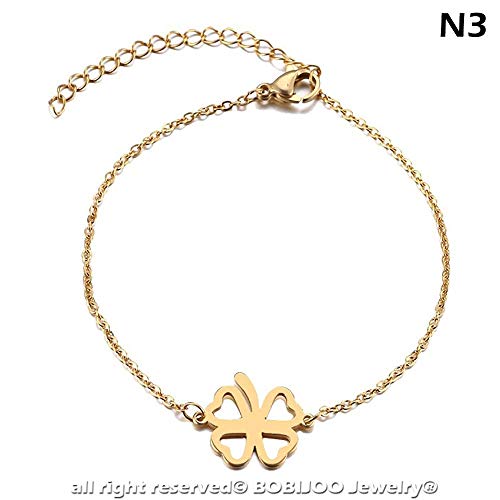 BOBIJOO JEWELRY - Pulsera Minimalista Fina Cadena de Mujer Chapado en Oro de Acero Elección de Cruz Trébol Corazón Clave Suelo de la Pluma de la Mariposa - N03