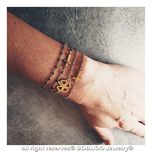 BOBIJOO JEWELRY - Pulsera Minimalista Fina Cadena de Mujer Chapado en Oro de Acero Elección de Cruz Trébol Corazón Clave Suelo de la Pluma de la Mariposa - N03