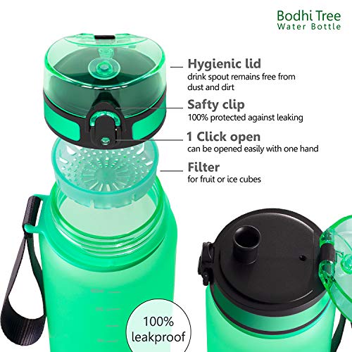 Bodhi Tree Botella de Beber - Botella de Bebidas - A Prueba de Fugas, luz - con Filtro y Correa - BPA Gratis - Fitness, Deportes, Escuela - Fácil Limpieza - Inodoro - 1l/650ml - Verde