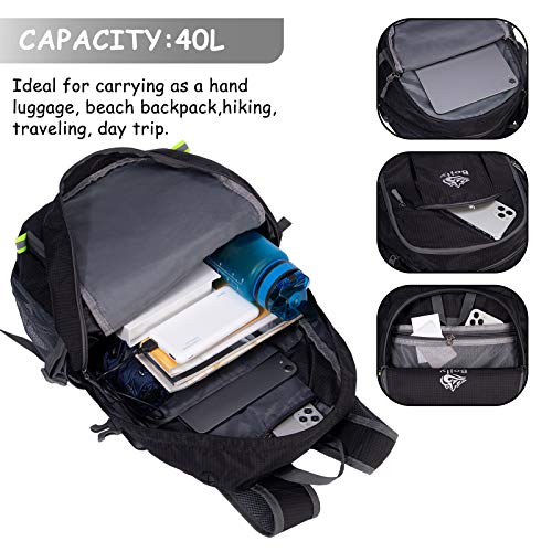 BOJLY Mochila de Senderismo, 40L Súper Capacidad 430g Bolsa de Viaje Deportiva Impermeable y Plegable, con Cargador USB y Puerto para Auriculares para Viaje o Escuela, Excursiones y Acampada