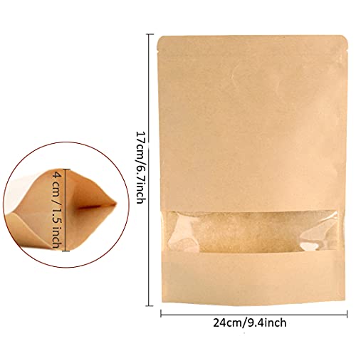 Bolsas de Papel Kraft con Cierre,50Pcs 17 x 24 cm Bolsa de Papel Kraft Reutilizables,Bolsas de Papel de Pie con Ventana de Visualización,para Envasar Frutos Secos, té, Semillas