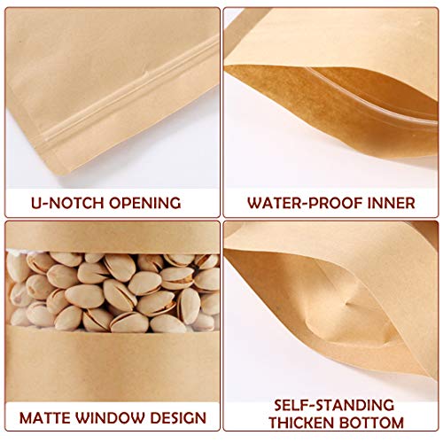 Bolsas de Papel Kraft con Cierre,50Pcs 17 x 24 cm Bolsa de Papel Kraft Reutilizables,Bolsas de Papel de Pie con Ventana de Visualización,para Envasar Frutos Secos, té, Semillas