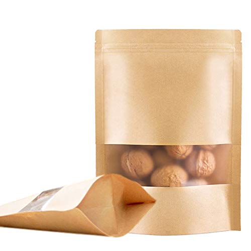 Bolsas de Papel Kraft con Cierre,50Pcs 17 x 24 cm Bolsa de Papel Kraft Reutilizables,Bolsas de Papel de Pie con Ventana de Visualización,para Envasar Frutos Secos, té, Semillas