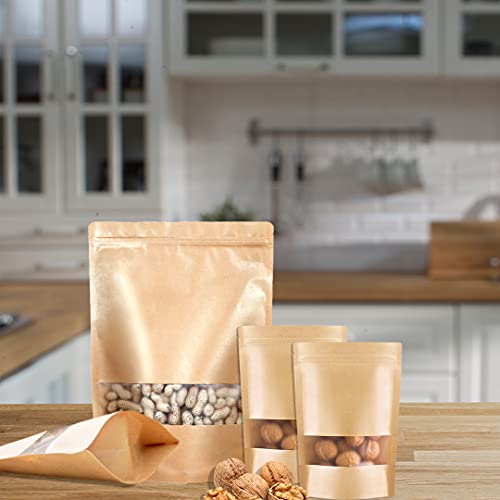 Bolsas de Papel Kraft con Cierre,50Pcs 17 x 24 cm Bolsa de Papel Kraft Reutilizables,Bolsas de Papel de Pie con Ventana de Visualización,para Envasar Frutos Secos, té, Semillas