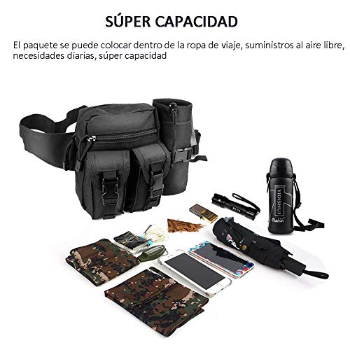 Bolso de Cintura Multiusos, Riñonera Táctica para hombres Cinturon Táctico Unisex Militar Portátil Botella de Agua para Uso al Aire Libre Deportes,Correr, Senderismo,Camping,Bicicleta,Alpinismo(Negro)