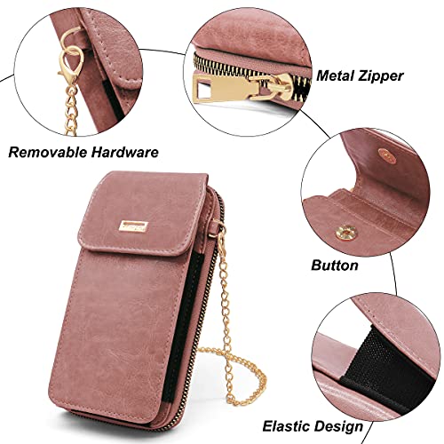 Bolso de Teléfono Móvil para Mujer Cartera Movil Cuero PU Bolso Bandolera Móvil Mini Bolso para Movil con Cremallera Mujer Billetera, Pequeño Bolso Bandolera Monedero con Ranura para Tarjeta (Rosa)